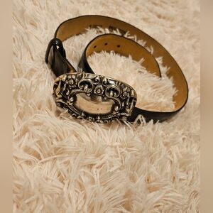 Vintage 1993 Brighton 1.3" Width Croc Black Belt Sz M Clean Cupid Antique Buckle